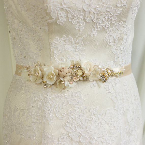 Hochzeit - Bridal belt, Bridal sash, wedding belt, Champagne bridal belt sash, Gold wedding belt, Floral Champagne wedding dress belt sash Narrow