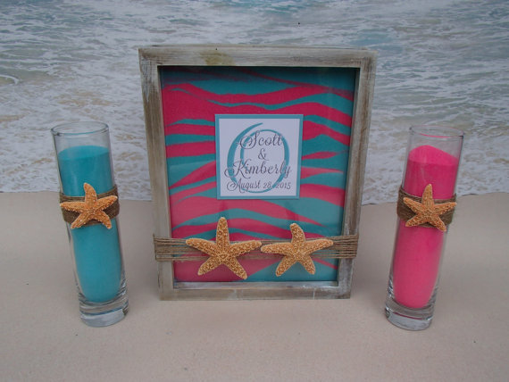 زفاف - Starfish Sand Unity Frame Ceremony Set -Includes Custom Monogram -  Ceremony Pouring Vases Beach Candle Alternative Blended Family