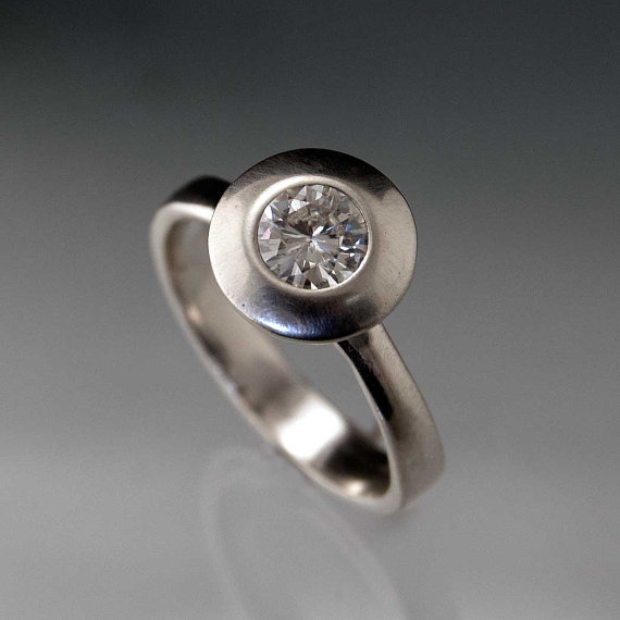 زفاف - Moissanite Halo Engagement Ring in Palladium, 14k Yellow Gold or Rose Gold, Ethical Diamond alternative, recycled metals, UFO solitaire