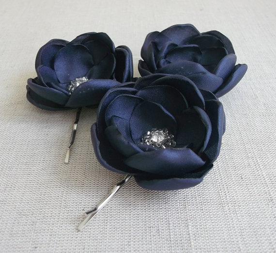 Mariage - Navy Blue fabric Flowers Bridal Bridesmaids hair shoe Clip, Dress Sash Ornament Accessory, Flower girls Birthday gift, Set of 3, Crystals