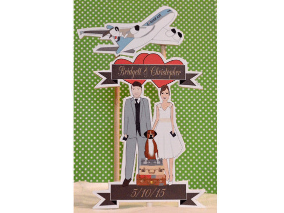 Hochzeit - Custom Wedding Cake Topper Bride and Groom with Dog Travelers Airplane Suitcases