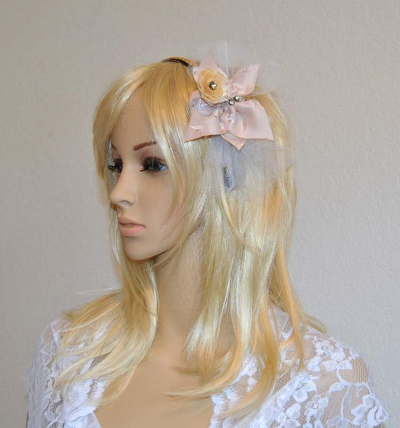 Hochzeit - Bodacious Street Bow Veil Headband Wedding Fascinator Bridal Hair Accessory Blush Bridesmaids Woodland Flowers