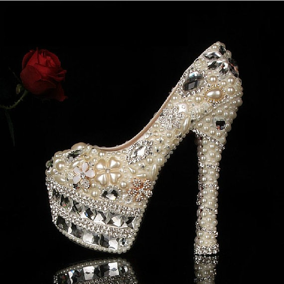 Wedding - Ivory pearl shoes Bling Wedding Shoes Luxury Heel Crystal bridal shoes, 2014 unique bridal shoe in handmade