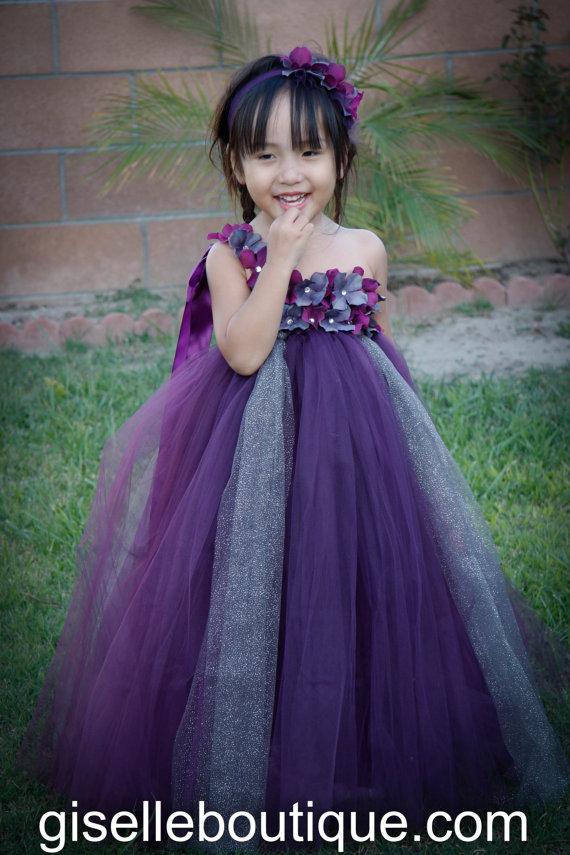 زفاف - Flower girl dress. Eggplant with Gray tutu dress, toddler tutu dress, wedding, birthday,