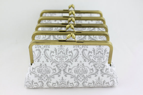Wedding - Gray & White Damask Bridesmaid Clutches / Wedding Purses / Floral Bridesmaid Purse Clutch - Set of 4