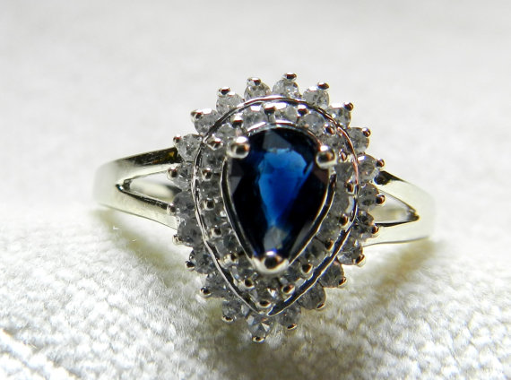 زفاف - Sapphire Ring 14K .70 Ct Carat Blue Sapphire Half Ct tdw Genuine Diamond Halo Engagement Ring Genuine Sapphire White Gold