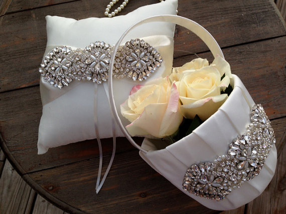 Wedding - Ivory Flower Girl Basket Ring Bearer Pillow Set / Ring Bearer Pillow / Flower Girl Basket / Rhinestone Basket / Rhinestone Pillow