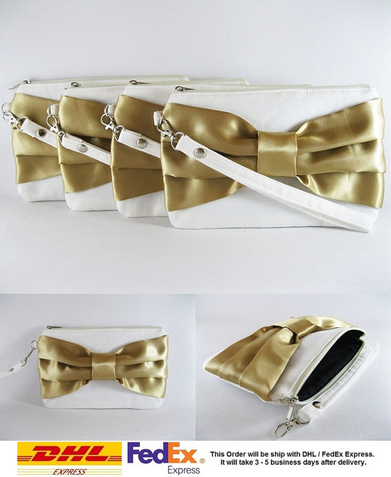 Wedding - SUPER SALE - Set of 6 Ivory with Gold Bow Clutches - Bridal Clutches, Bridesmaid Wristlet, Wedding Gift, Zipper Pouch - Made To Order