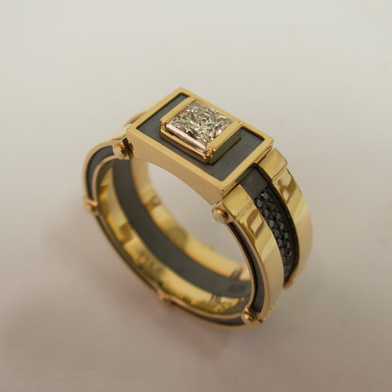 Wedding - Gold Signet Ring, Men's 14K Gold and Diamond band, steampunk signet ring, Wedding ring, black and gold ring, steampunk engagement ring