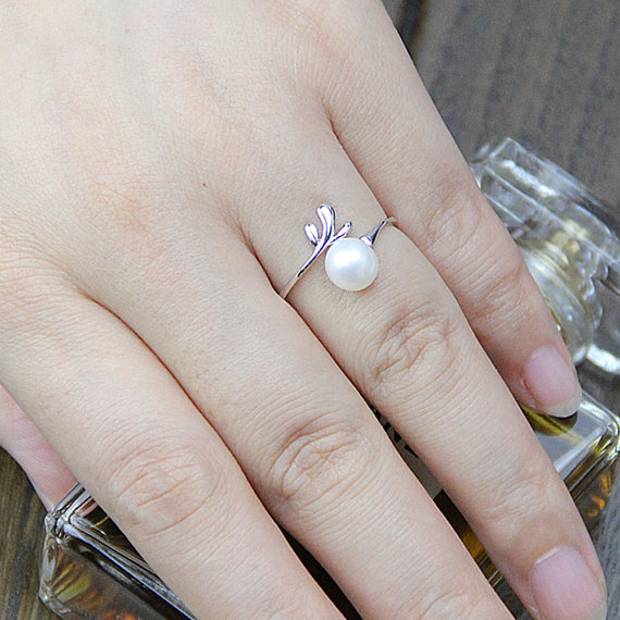 Wedding - pearl engagement rings,silver pearl ring,promise ring for girlfriend,flower ring,friendship rings,fresh water pearl rings,adjustable ring