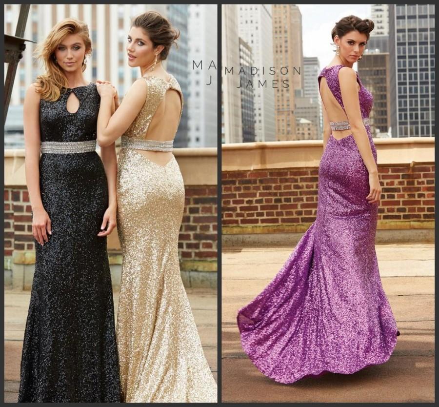 Hochzeit - Sparking 2015 Madison James Evening Dresses Sexy Sequined Long Formal Gold Black Fuchsia Party Dresses Sweep Train Backless Long Prom Gowns Online with $126.39/Piece on Hjklp88's Store 