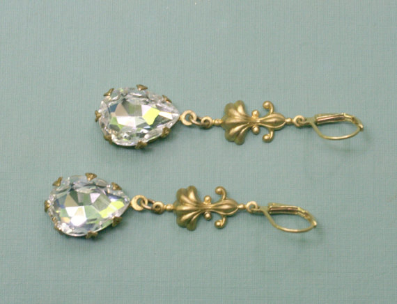 Wedding - Crystal bridal earrings brass rhinestone vintage style jewel elegant pear drops wedding jewelry