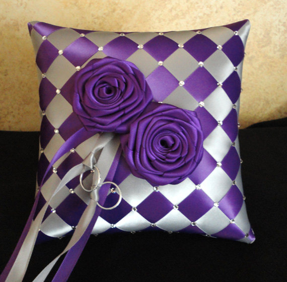 زفاف - Wedding Ring Bearer Pillow, Silver Purple or Custom Made to your Colors with Swarovski Crystals and Satin Flowers Decoration