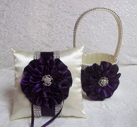 Hochzeit - Deep Plum Purple Flower Girl Basket and Ring Bearer Pillow Set, Bling Flower Girl Basket and Ring Bearer Pillow in Dark Plum Purple & Ivory