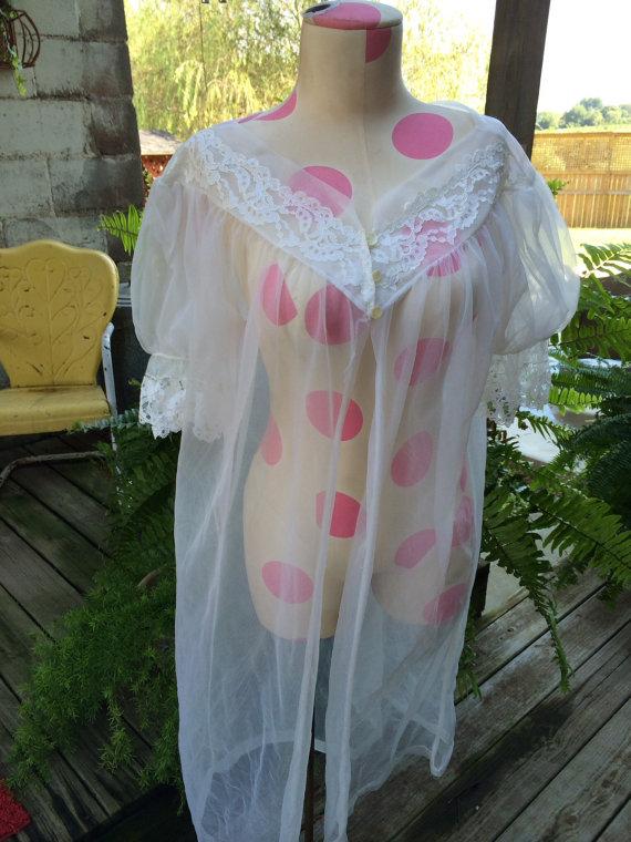 Wedding - Vintage White Sheer Nylon and Lace Ladies Size Small Duster/Housecoat