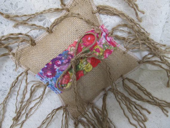 Hochzeit - Pretty Natural Burlap With Fringe...BOHO .. Wedding Ring Pillow...Rustic...
