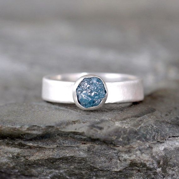 Wedding - Raw Blue Diamond Engagement Ring - 1 Carat - Conflict Free Diamond - Matte Texture - Rough Gemstone - April Birthstone -Promise Ring