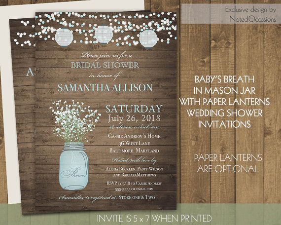 زفاف - Paper Lanterns Bridal Shower Invitations Mason Jar Baby's Breath Barn wood Fairy Lights Wedding Shower DIY Shower Invite Digital Printable