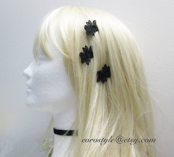 زفاف - Set of 3 Black Flower Lace Hair Pin, Bridal Hair Pin, Wedding Hair Pin, Wedding Hair Flower, Hair pin accessory, Flower Hair Pin Gothic Hair
