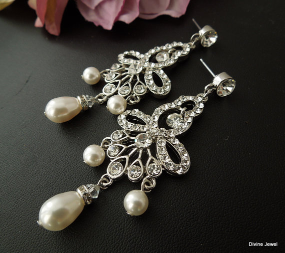زفاف - Bridal Pearl Earrings,Wedding Pearl Earrings,Bridal Rhinestone Wedding Earrings,Ivory White Pearls,Chandelier Rhinestone Earrings,Pearl,IRIS