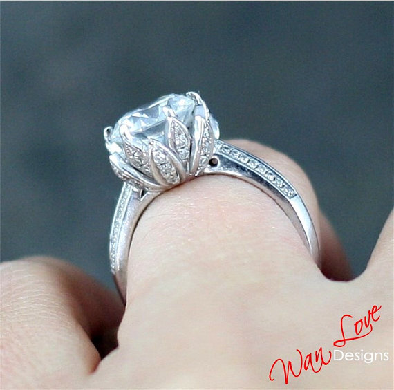 Mariage - Lotus flower Diamond & White Sapphire Engagement ring 3.5ct 9mm 14k 18k White Yellow Rose Gold-Platinum-Custom made size-Wedding-Anniversary