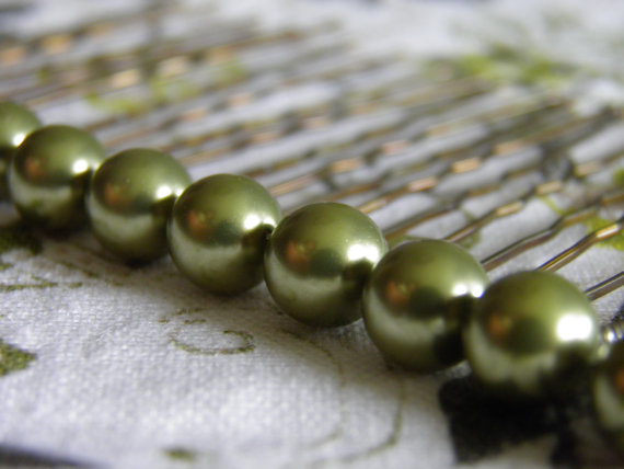Mariage - 12 Light Lime Green 8mm Swarovski Crystal Pearl Hair Pins