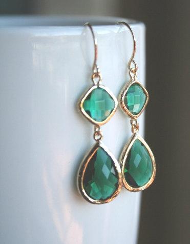 Hochzeit - Gold Emerald Green Earrings. Gold Green Earrings. Dark Green Earrings. Bridesmaid Gift.Wedding Earrings. Bridal Jewelry. Delicate. Dainty.