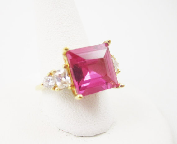 Wedding - Pink Ring Lab Created Ruby CZ Engagement RIng 925 Sterling Gold Vermeil Dinner RIng