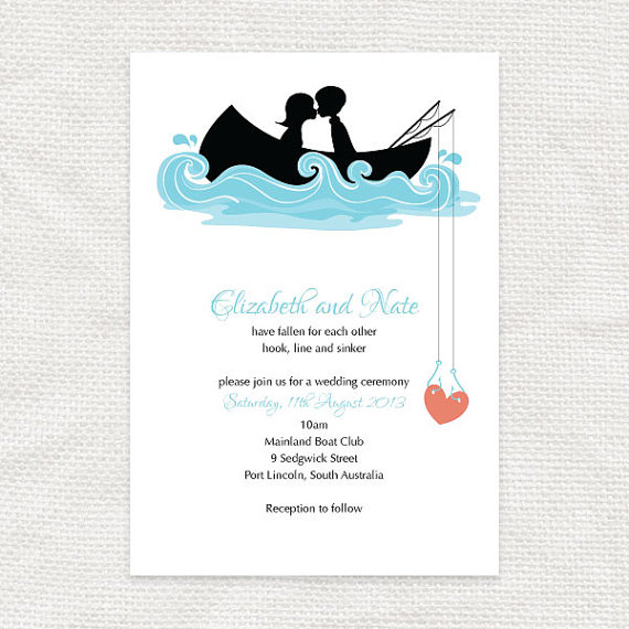 Hochzeit - hooked on you invitation - printable file - fishing row boat DIY wedding invitation, bridal or couples shower