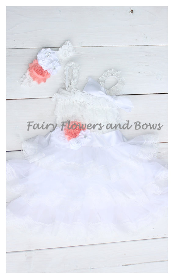 Hochzeit - White Rustic Lace Chiffon Dress ....YOU CHOOSE Accent Color.....Sash and Headband...Flower Girl Dress, Wedding Dress