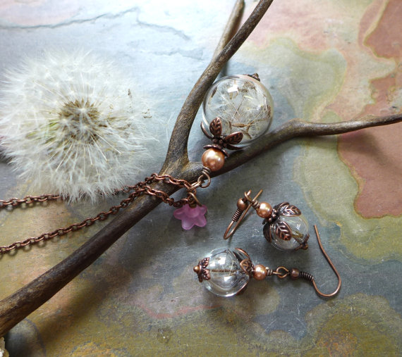 Wedding - Dandelion Seed Flower Pearl Copper Necklace, Earrings-Real Dandelion Seed Necklace, Make a Wish Gift,Birthday Gift,Bridal/Bridesmaid Jewelry