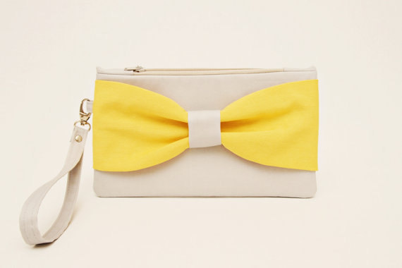 Wedding - Promotional sale   - -Silver yellow bow wristelt clutch,bridesmaid gift ,wedding gift ,make up bag,zipper
