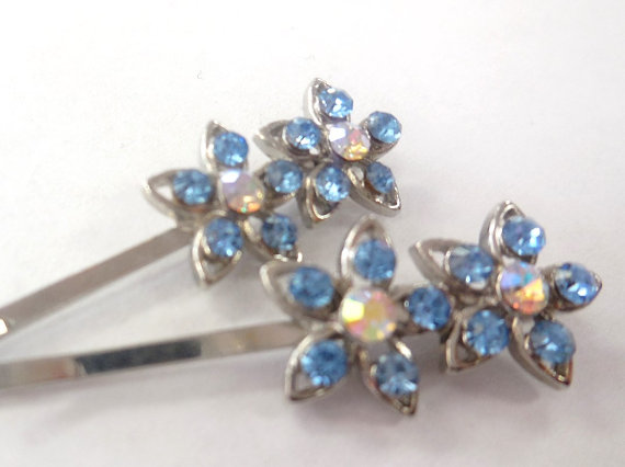 Wedding - Vintage Bobby Pins Set of 2 Hair Clips Floral Sparkly Blue Rhinestones Hair Accessories Fashion Jewelry Girl's Jewelry