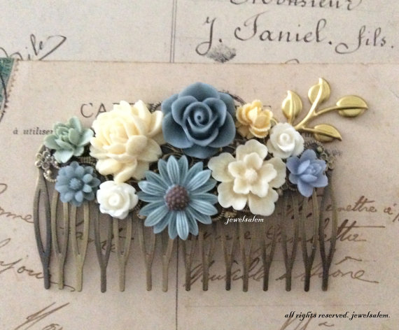 زفاف - Blue Wedding Hair Accessories Blue Gray Ivory Cream Sage Green White Bridal Hair Comb Woodland Flowers Branch Gold Leaf Floral Headpiece WR