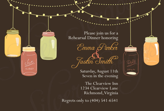 Wedding - Fall Vintage Hanging Mason Jars - Custom Rehearsal Dinner, Wedding Shower, Engagement, Garden Party Invitation - Autumn, Brown, Orange, Pink