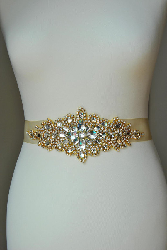 Hochzeit - Luxury Gold Crystal Bridal Sash,Wedding Dress Sash Belt,  Rhinestone Sash,  Rhinestone Bridal Bridesmaid Sash Belt, Wedding dress sash