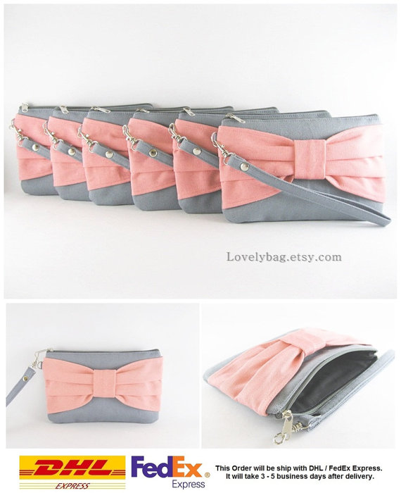 Wedding - SUPER SALE - Set of 6 Gray with Peach Bow Clutches - Bridal Clutches, Bridesmaid Clutch, Bridesmaid Wristlet, Wedding Gift - Made To Order