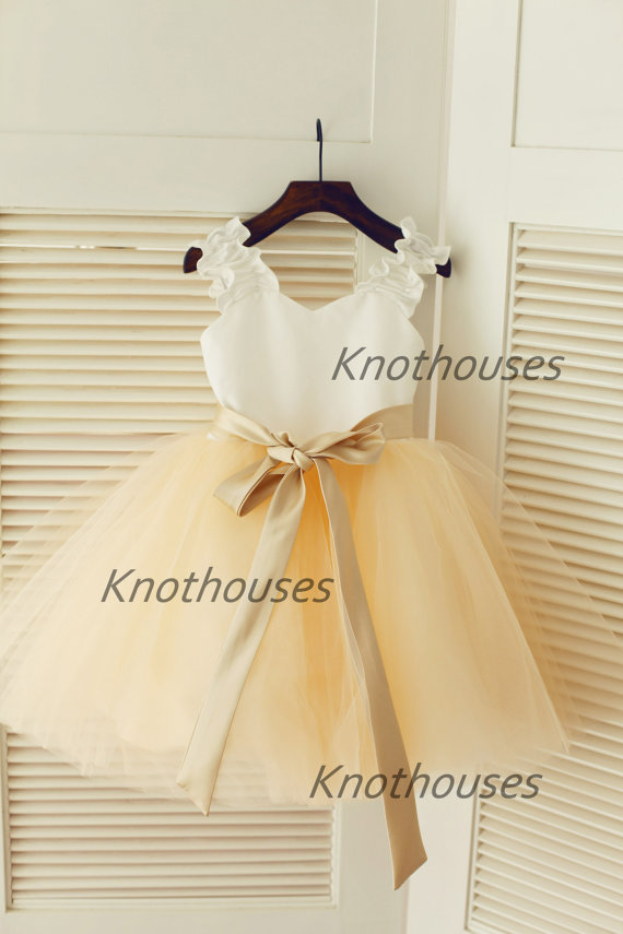 Свадьба - Ivory Satin Champagne Tulle TUTU Flower Girl Dress Champagne Sash Junior Bridesmaid Dress Toddler Kids Dress for Wedding