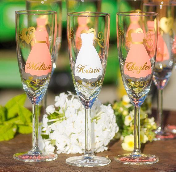 Hochzeit - RESERVED for Kathryn. Add one more glass. Bride, Bridesmaid gift ideas, coral dress with sash, dress, champagne flute 6oz, wedding.