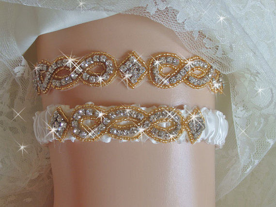 Wedding - Gold Beaded Bridal Garter, Gold Wedding Garter Set, Regular or Queen Size Wedding Garter Belts, Bling Gold Beaded Rhinestone Garter, Garters