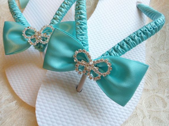 Hochzeit - Aqua Blue Wedding Sandals. Bridal Flip Flops Decorated W/ Rhinestone Butterfly. Maid Of Honor Gift, Beach Wedding. Bridesmaids Colors