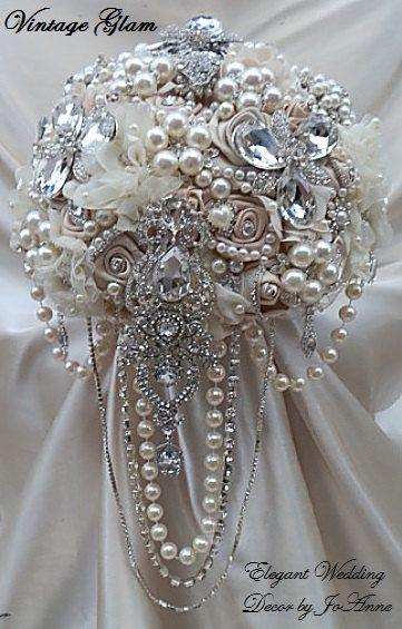 Wedding - VINTAGE GLAM- DEPOSIT For Vintage Glam Bridal Brooch Bouquet In Ivory Champagne Mix With Draping Jewels, Brooch Bouquet