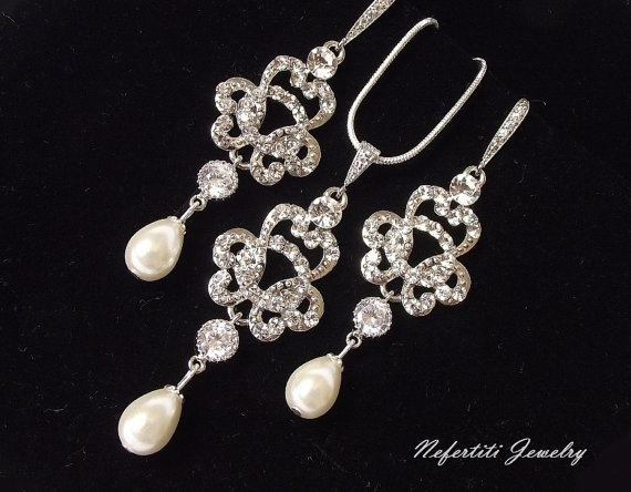 Wedding - Wedding jewelry set, Vintage style bridal jewelry set,pearl bridal necklace & earring set,pearl bridal jewelry,swarovski crystal wedding set