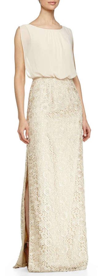 Hochzeit - Aidan Mattox Chiffon-Top Lace-Skirt Gown, Champagne