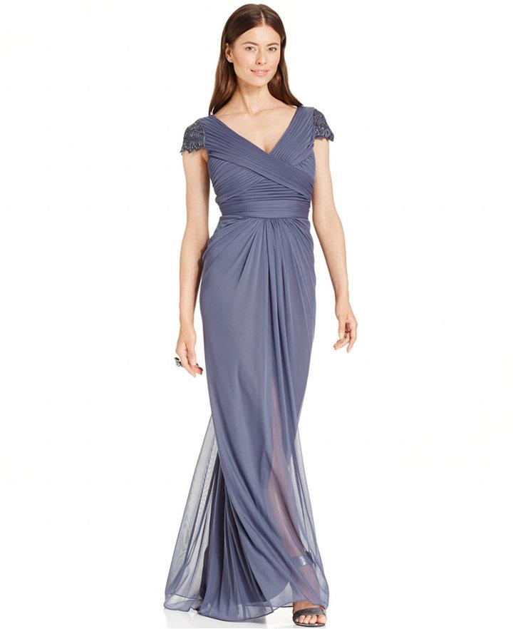 زفاف - Adrianna Papell Embellished-Sleeve Draped Gown