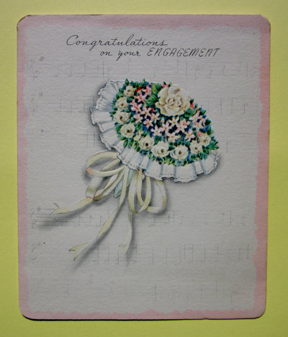 Свадьба - Vintage Congratulations on Your Engagement Greeting Card Featuring a Tied Embossed Bouquet of Flowers and Music Notes for New Couple Wedding