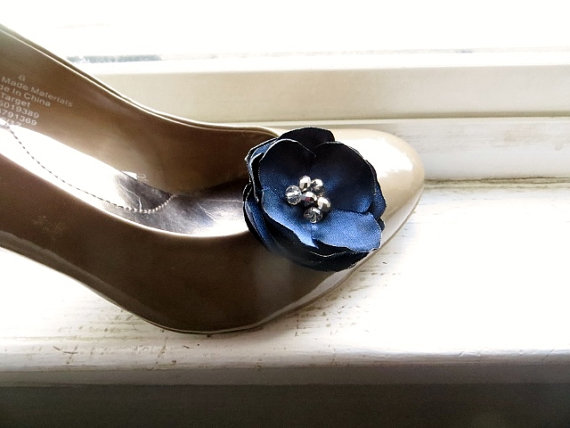 Wedding - Navy Shoe Clip Flowers, Clip on Fabric Flowers for Shoes, Something Blue Bridal Shoe Accessory, Women's Floral Shoe Accessories Wedding