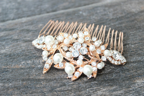 Wedding - Rose Gold Bridal Hair Comb, Swarovski Crystal & Pearl Comb, Bridal Leaf Comb, Wedding Rhinestone Leaf Hair Comb, Bridal Pearl Hair Comb