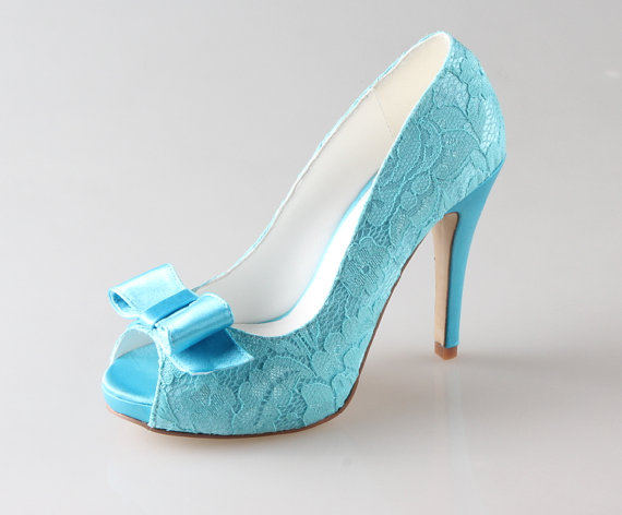Wedding - Handmade acid blue lace wedding shoes,Blue wedding shoes,Lace bow bridal shoes, blue party shoes in 2014