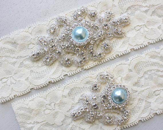 Свадьба - Best Seller - RACHEL II - Blue Pearl Wedding Garter Set, Vintage Ivory Lace Garter, Rhinestone Crystal Bridal Garter, Something Blue